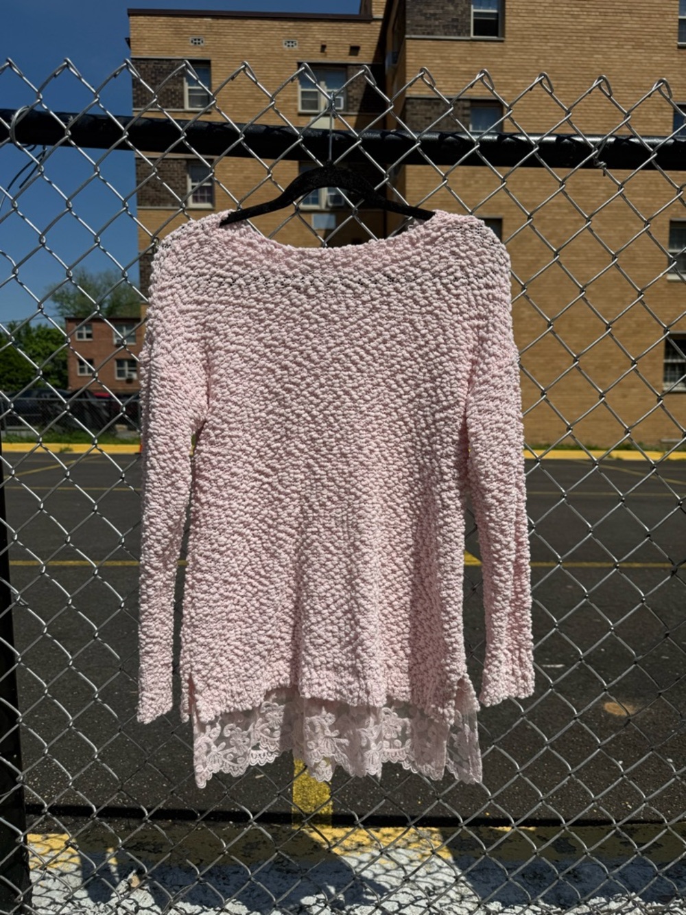 Women’s Pink Textured Lace-Hem Sweater
